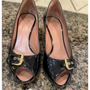 Giuseppe Zanotti Black Patent Leather Peep Toe Heels Gold Buckle Pumps US Sz 6.5